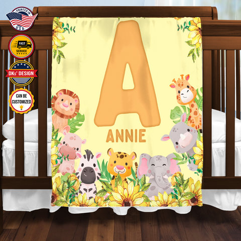 Image of Personalized Safari Initial Animals Baby Kid Custom Name Blanket, Baby Animal Blanket, Safari Animals Blanket, Baby Shower Gifts, Birthday Gifts