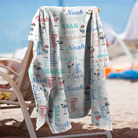 Image of Personalized Name Sea Animals Seagull Custom Name Beach Towel