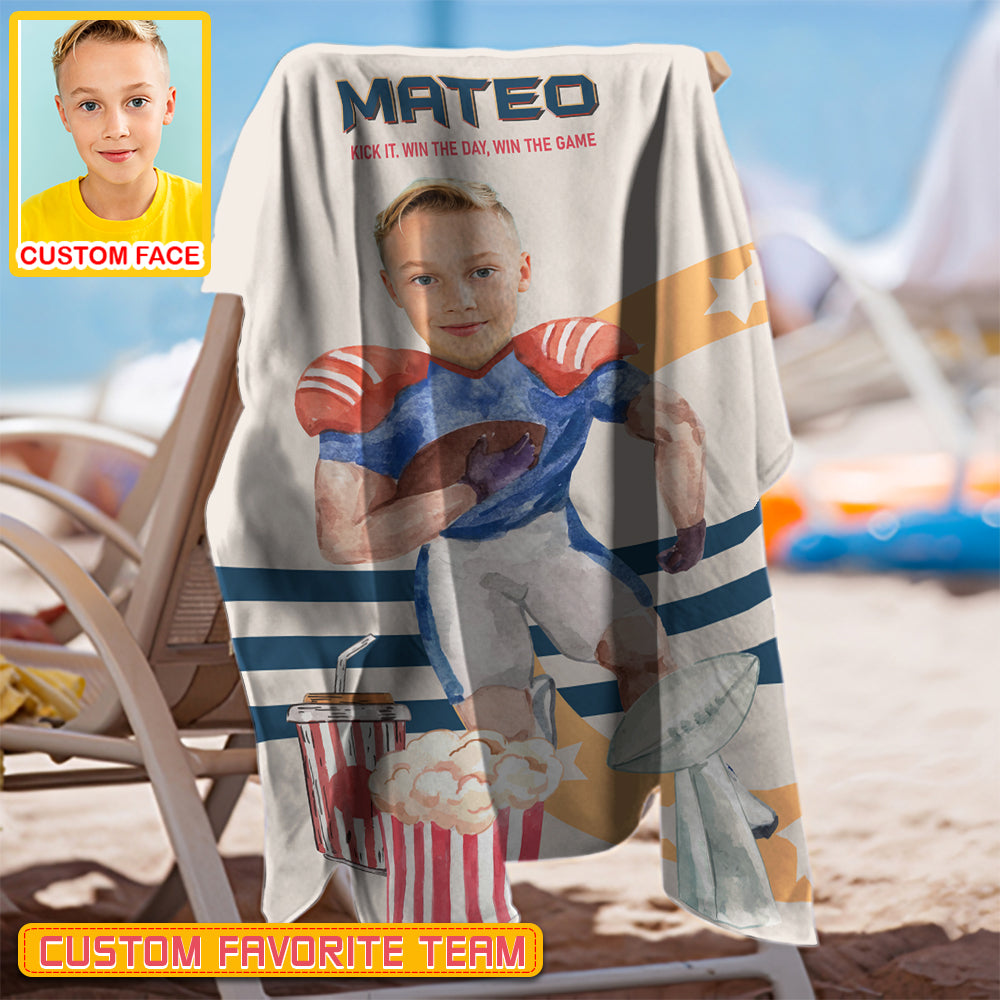 Personalized Name & Photo Kick It Win The Day American Football Beach Towel, Sport Beach Towel, Football Lover Gift