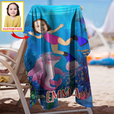 Image of Personalized Name & Photo Dolphin Girl Under The Sea Beach Towel