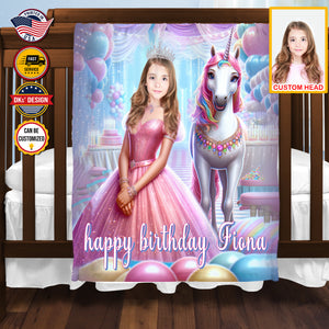 Personalized Baby Girl Blanket, Custom Happy Birthday Princess Blanket, Fairy Tale Girl Blanket, Princess Blanket for Girl, Baby Shower Gift