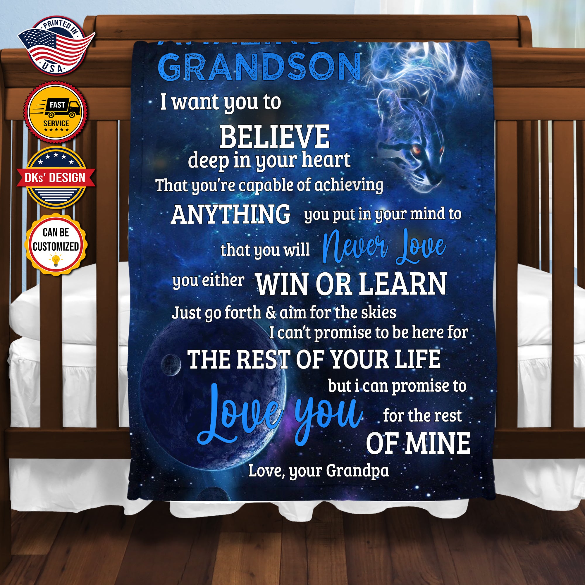 Personalized To My Grandson Custom Name Blanket, Message Blanket, Blue Lion And Baby Blanket, Grandson Lion Blanket, Grandson Gift