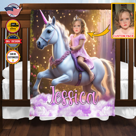 Image of USA MADE Custom Blanket | Princess Riding Unicorn Custom Face And Custom Name Blanket | Fairy Tale Girl Blanket, Personalize Blanket, Princess Blanket for Girl, Gift For Daughter, Baby Shower Gift, Christmas Gifts