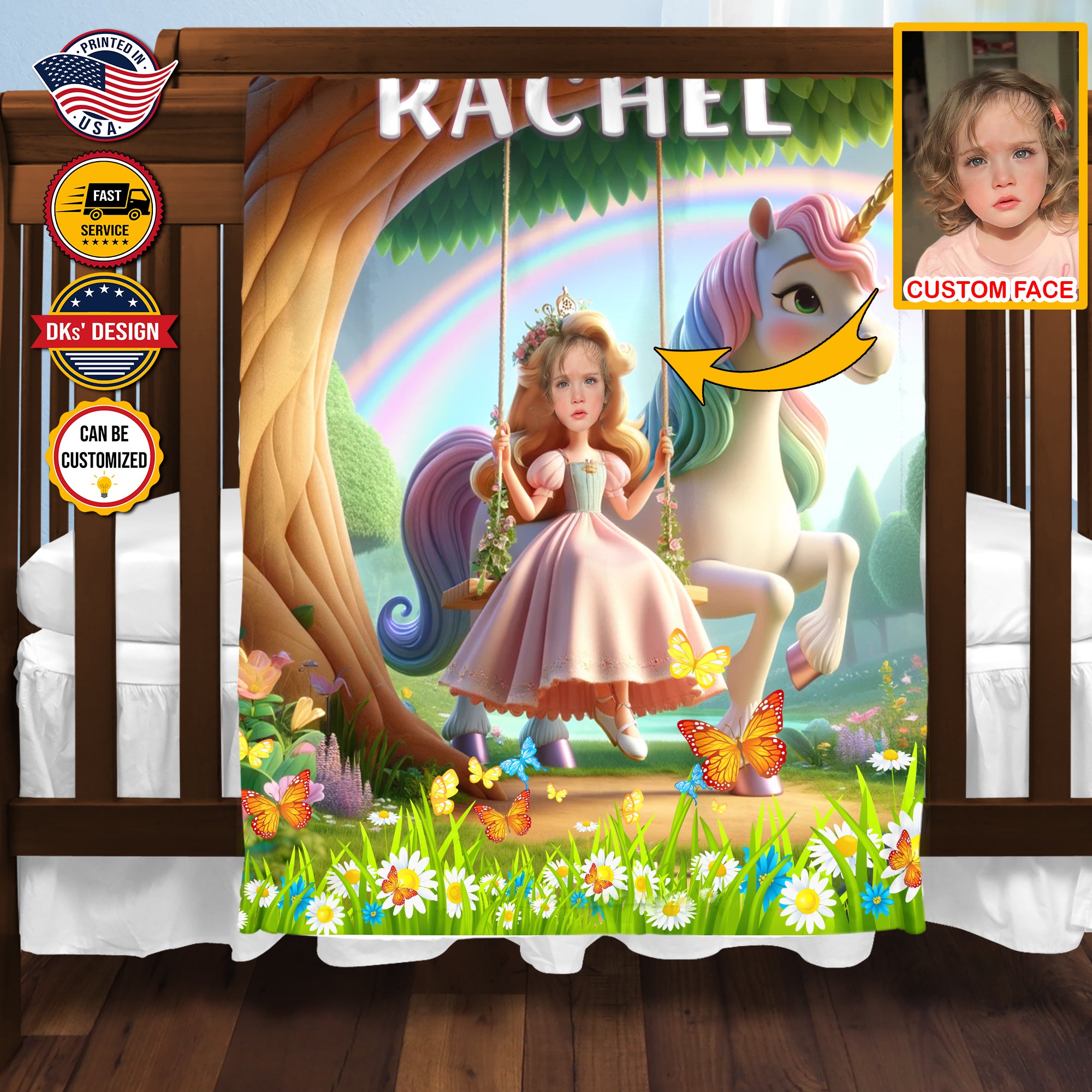 Personalized Fairytale Blanket, Unicorn and Princess In The Royal Woods, Custom Face Name Blanket, Girl Blanket, Unicorn Blanket Gift For Daughter