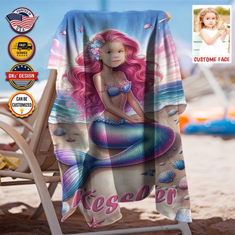 Image of Personalized Name & Photo Summer Mermaid Pearl Beach Towel