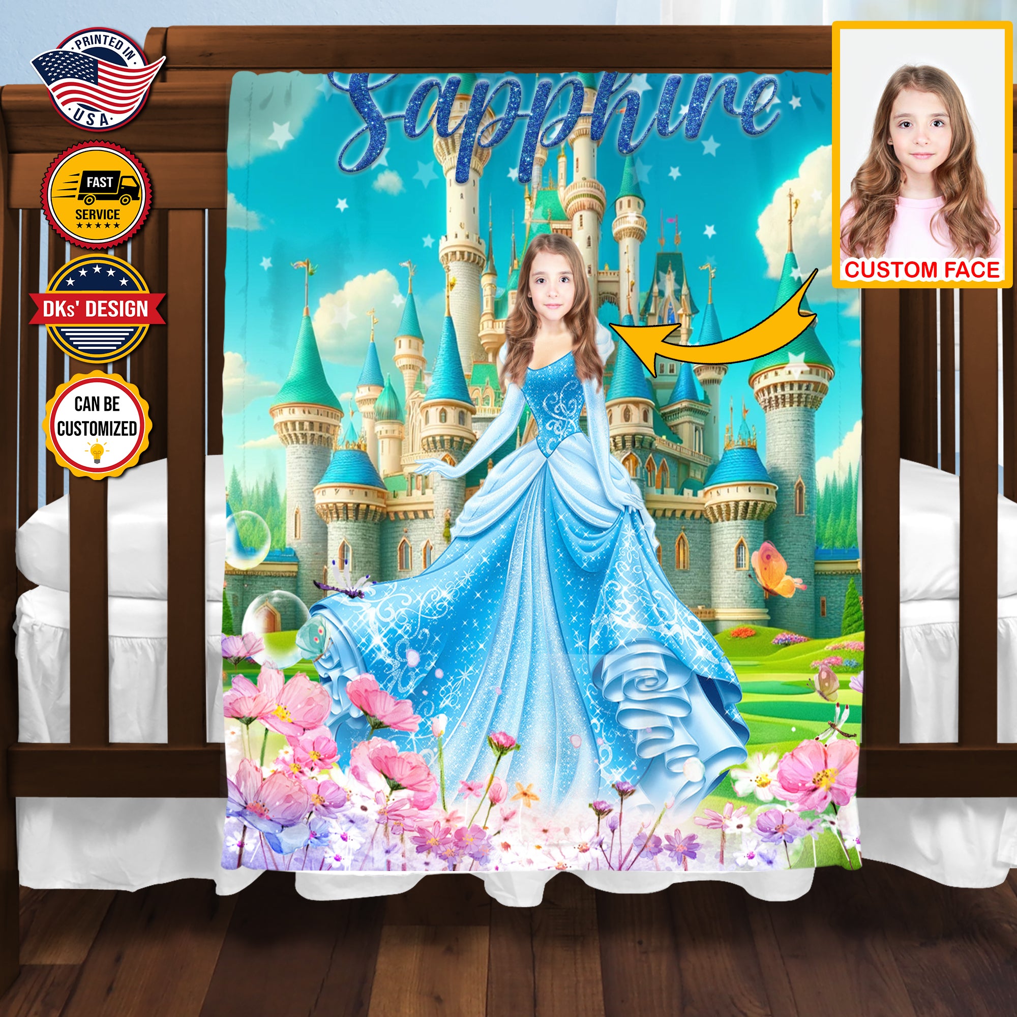Personalized Fairytale Blanket, Blue Princess And Castle Custom Face And Name Blanket, Girl Blanket, Princess Blanket for Girl, Gift For Daughter