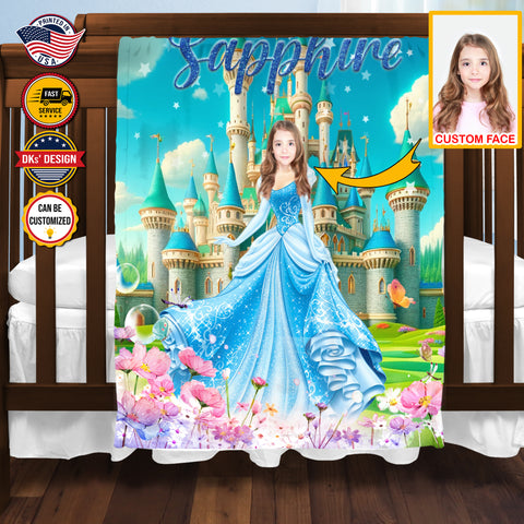 Image of USA Printed Custom Fairytale Blanket | Blue Princess And Castle Blanket, Custom Face And Custom Name Blanket, Girl Blanket, Personalize Blanket, Princess Blanket for Girl, Gift For Daughter, Baby Shower Gift, Birthday Gift, Christmas Gifts