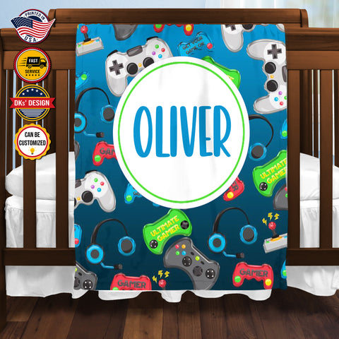 Image of USA Printed Custom Game Blanket, Blue Game Pattern Blanket,  Gaming Blanket for Gamer, Custom Name Blanket, Birthday Gift Blanket, Personalized Sherpa Blanket, Fleece Blanket, Gift for Him for Boy for Son