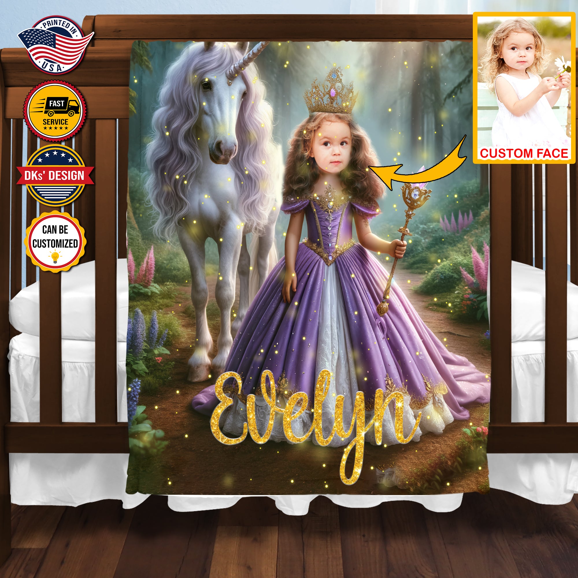 Personalized Baby Princess Unicorn Custom Face And Custom Name Blanket, Fairy Tale Girl Blanket, Princess Blanket for Girl, Gift For Daughter