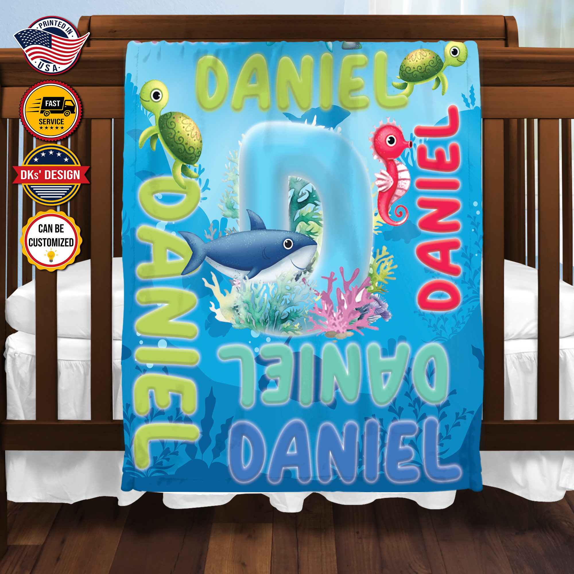 Personalized Baby Animal Blanket, Under The Sea Initial Custom Name Blanket, Birthday Dolphin Blanket, Ocean Animals Blanket, Baby Shower Gift