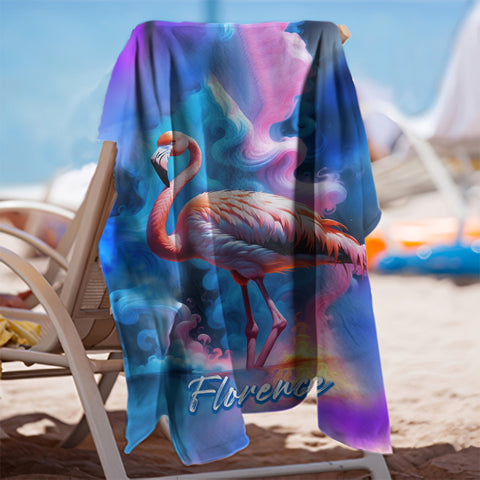 Image of Personalized Name Flamingo Beach Towel, Psychedelic Smoke Flamingo Beach Towel, Customized Gifts for Animals Lovers