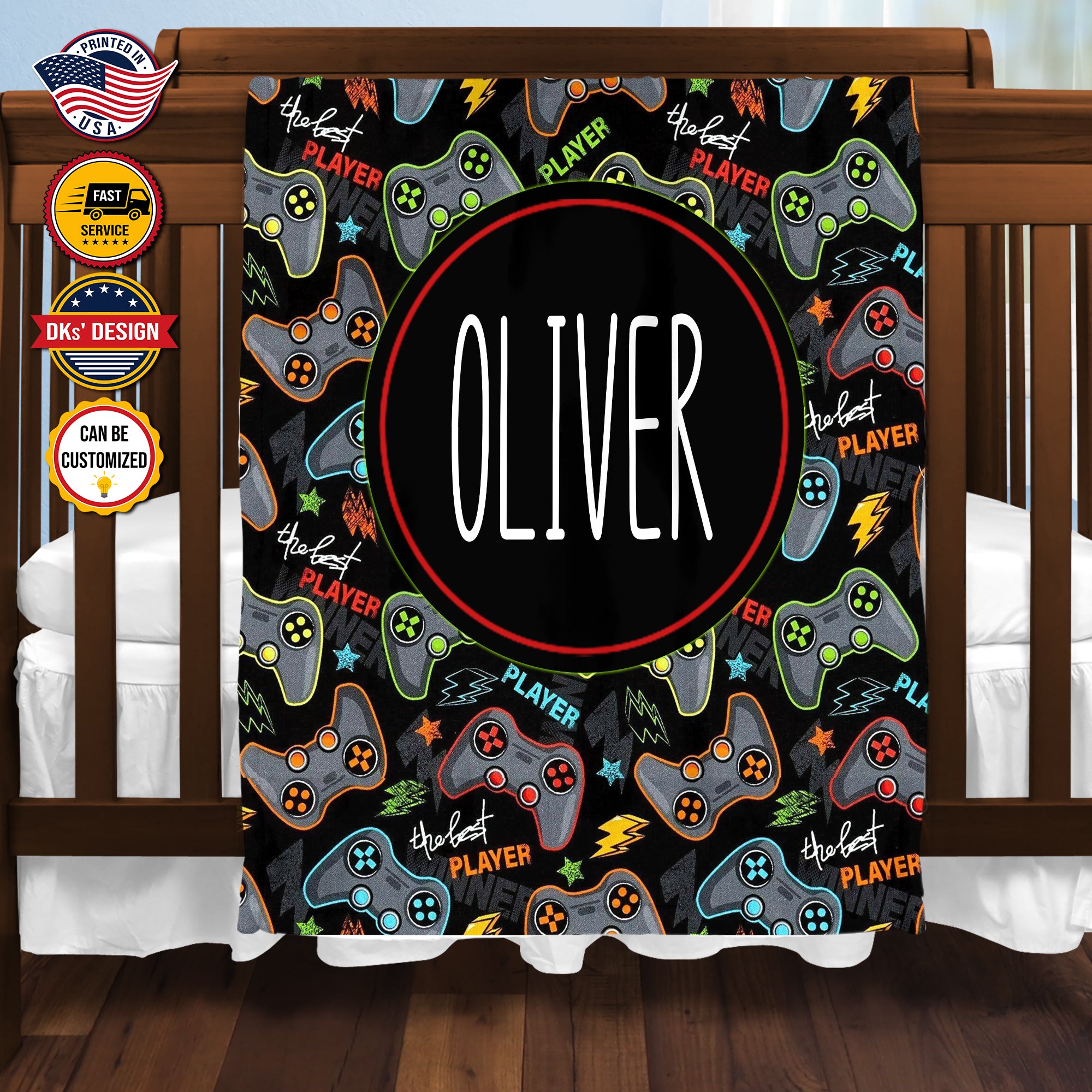 USA Printed Custom Game Blanket, Black Game Pattern Blanket,  Gaming Blanket for Gamer, Custom Name Blanket, Birthday Gift Blanket, Personalized Sherpa Blanket, Fleece Blanket, Gift for Him for Boy for Son