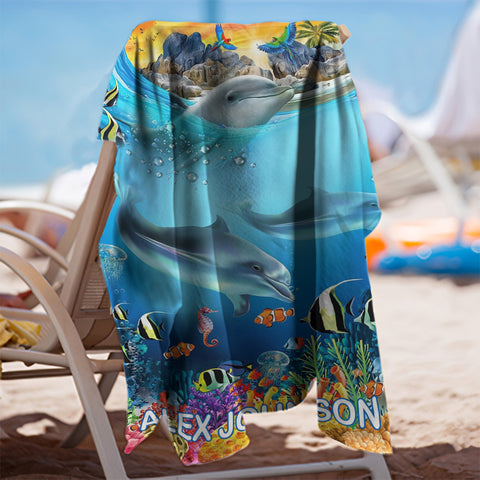 Image of Personalized Name Dolphin Under The Sea Creature Beach Towel