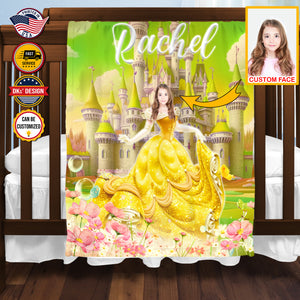 Personalized Fairytale Blanket, Yellow Princess And Castle Blanket, Custom Face And Name Blanket, Girl Blanket, Princess Blanket for Girl