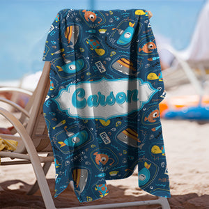 Personalized Name Submarine With Sea Animals Beach Towel