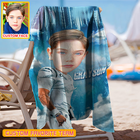 Image of Personalized Name & Photo Ice Big Face American Football Beach Towel, Sport Beach Towel