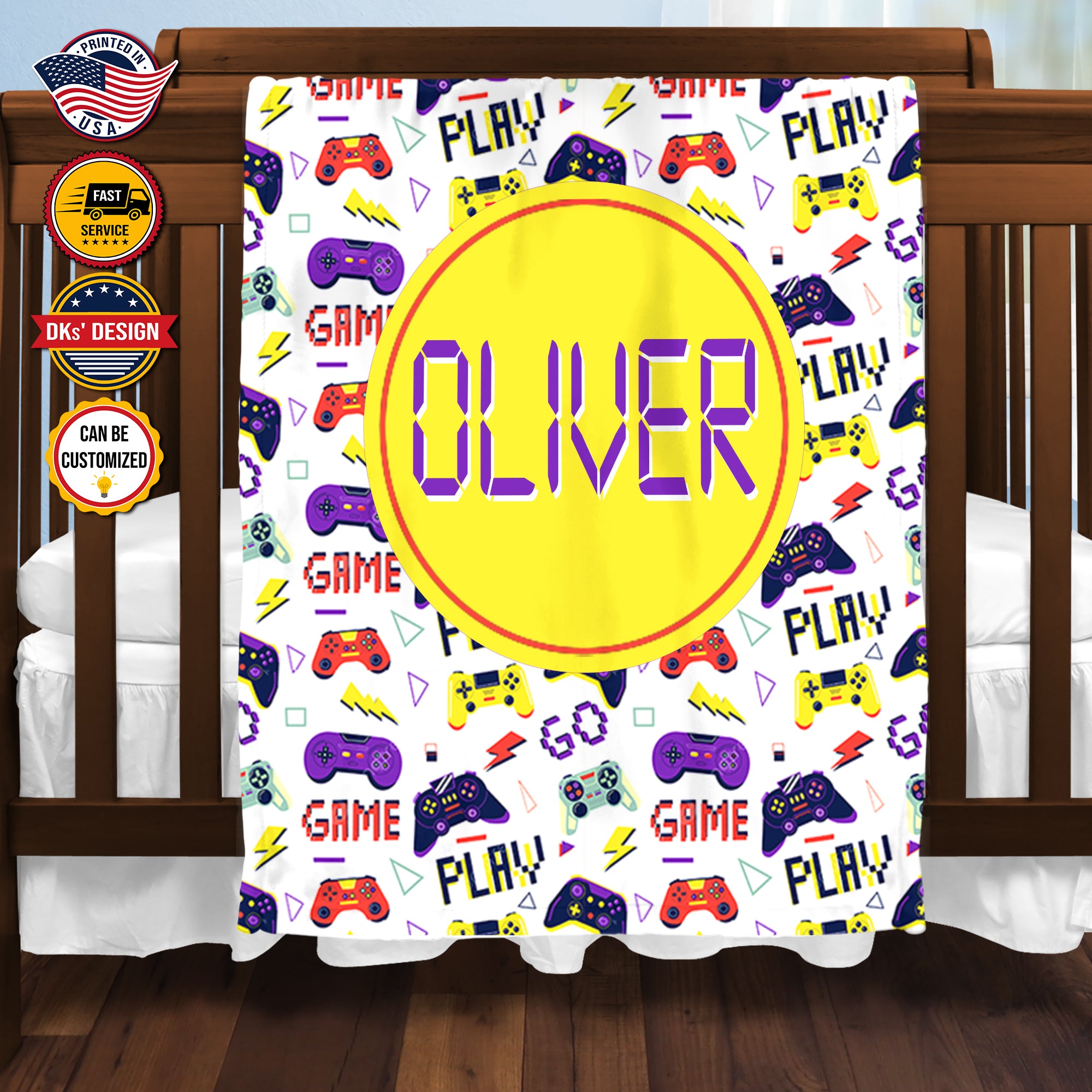 USA Printed Custom Game Blanket, White Game Pattern Blanket,  Gaming Blanket for Gamer, Custom Name Blanket, Birthday Gift Blanket, Personalized Sherpa Blanket, Fleece Blanket, Gift for Him for Boy for Son