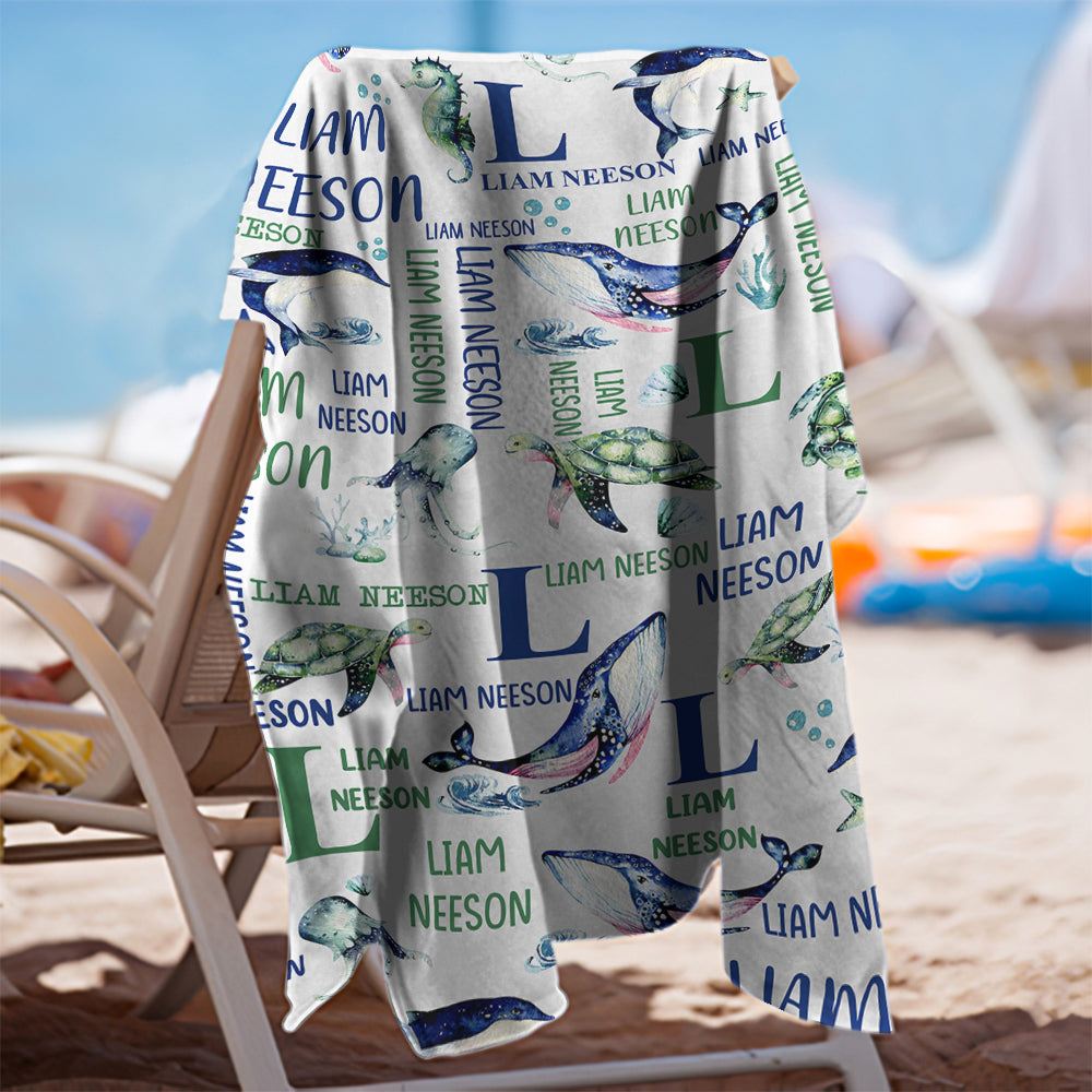 Personalized Name Under The Sea Animal Beach Towel