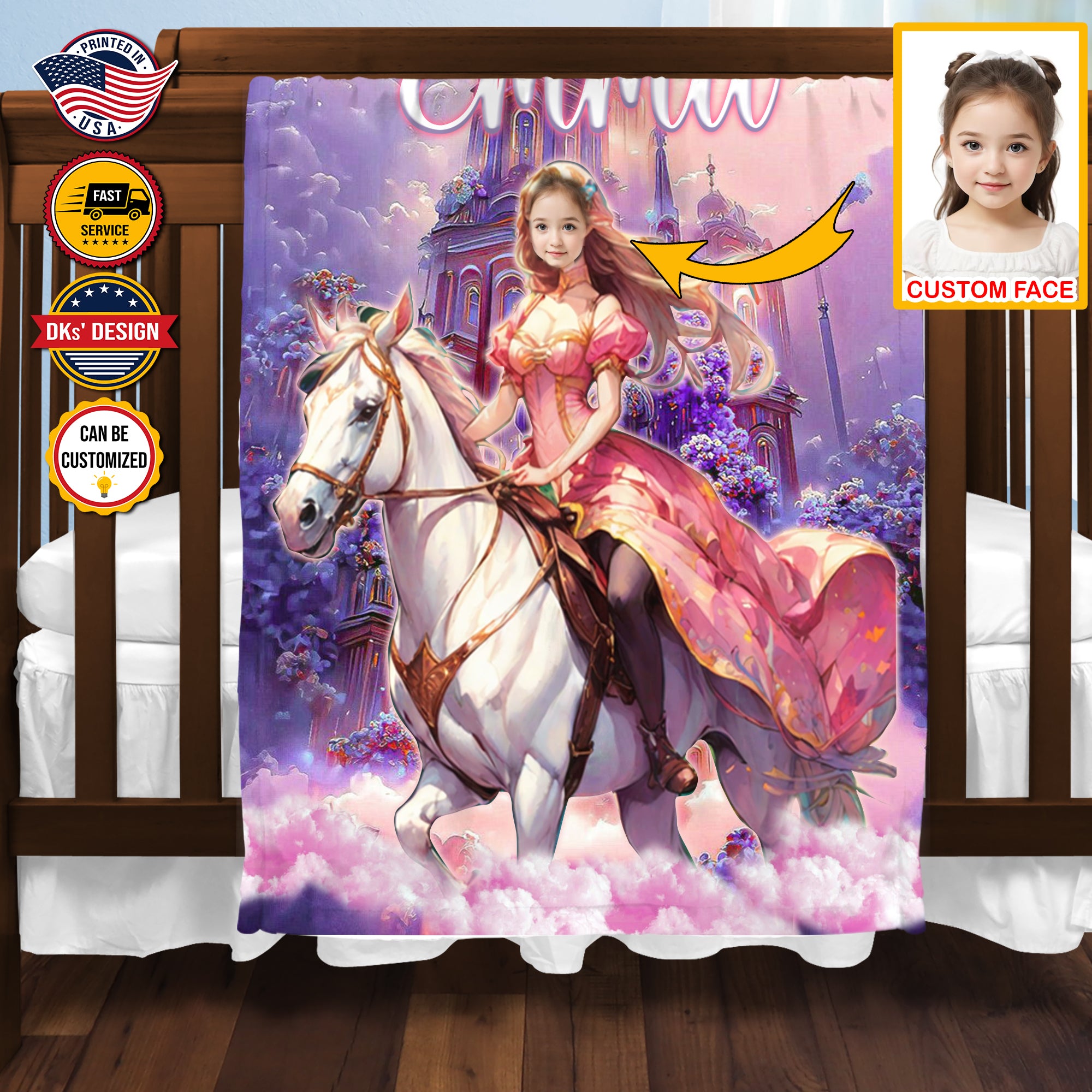 Personalized Fairytale Blanket, Princess Riding Horse Royalty Blanket, Custom Face And Name Blanket, Girl Blanket, Princess Blanket for Girl