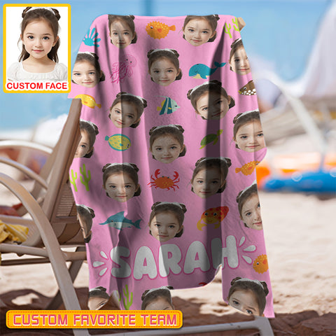 Image of Personalized Name & Photo Girl Custom Face Sea Animals Ocean Animals Beach Towel, Summer Gifts