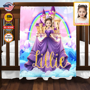 Personalized Fairytale Blanket, Purple Princess And Castle Blanket, Custom Face And Name Blanket, Girl Blanket, Princess Blanket for Girl
