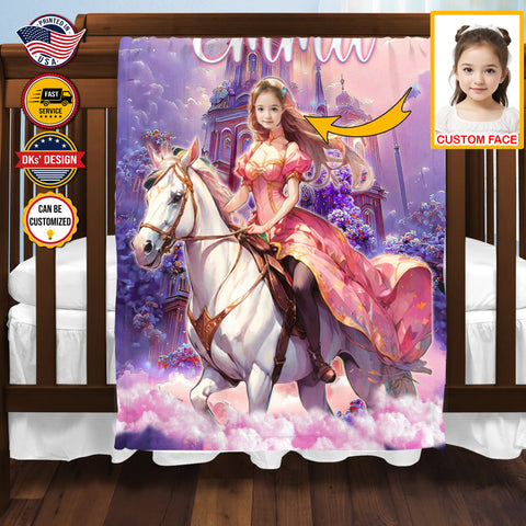 Image of Personalized Fairytale Blanket, Princess Riding Horse Royalty Blanket, Custom Face And Name Blanket, Girl Blanket, Princess Blanket for Girl