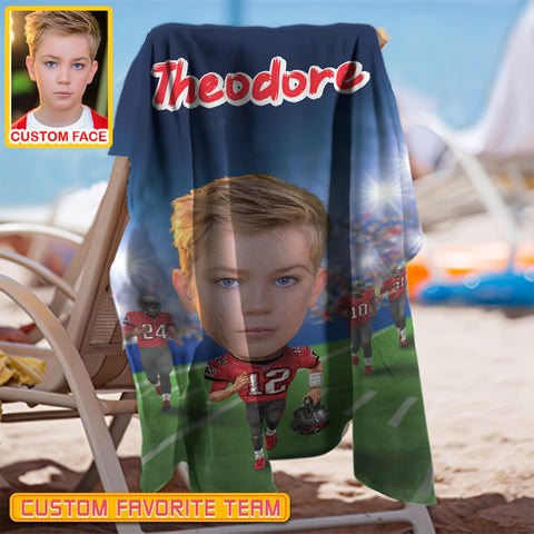 Image of Personalized Name & Photo Custom Face Custom Number Kid Big Face American Football Beach Towel