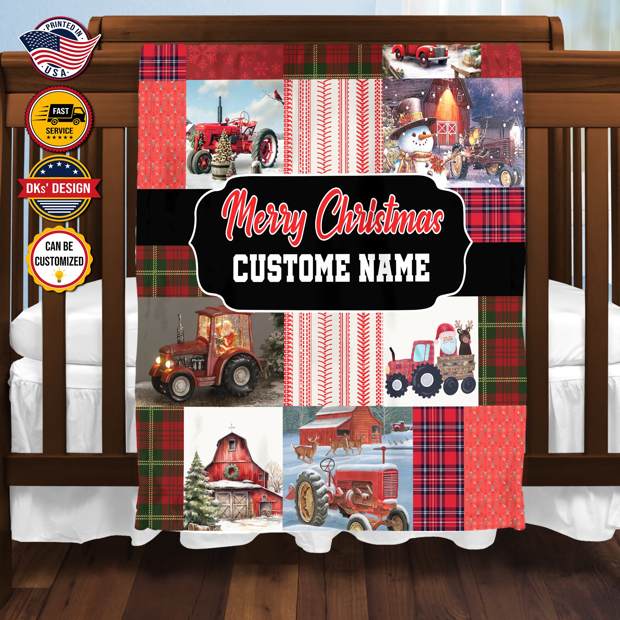 Personalized Christmas Blanket, Custom Baby Christmas Tractor Blanket, Christmas Tractor Blanket, Red Tractor Blanket, Christmas Gift