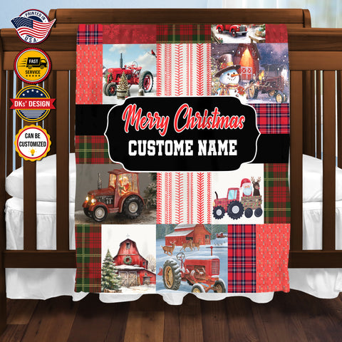 Image of Personalized Christmas Blanket, Custom Baby Christmas Tractor Blanket, Christmas Tractor Blanket, Red Tractor Blanket, Christmas Gift