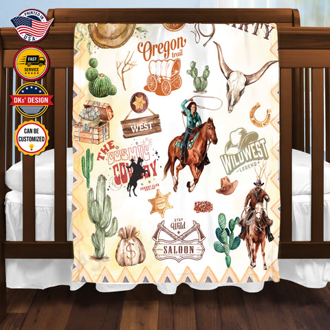 USA Printed Cowboy Blanket, Wild West Oregon Trail Blanket, Personalized Cowboy Blanket, Christmas Cowboy Blanket, Sherpa Blanket, Fleece Blanket, Birthday Gifts, Christmas Gifts
