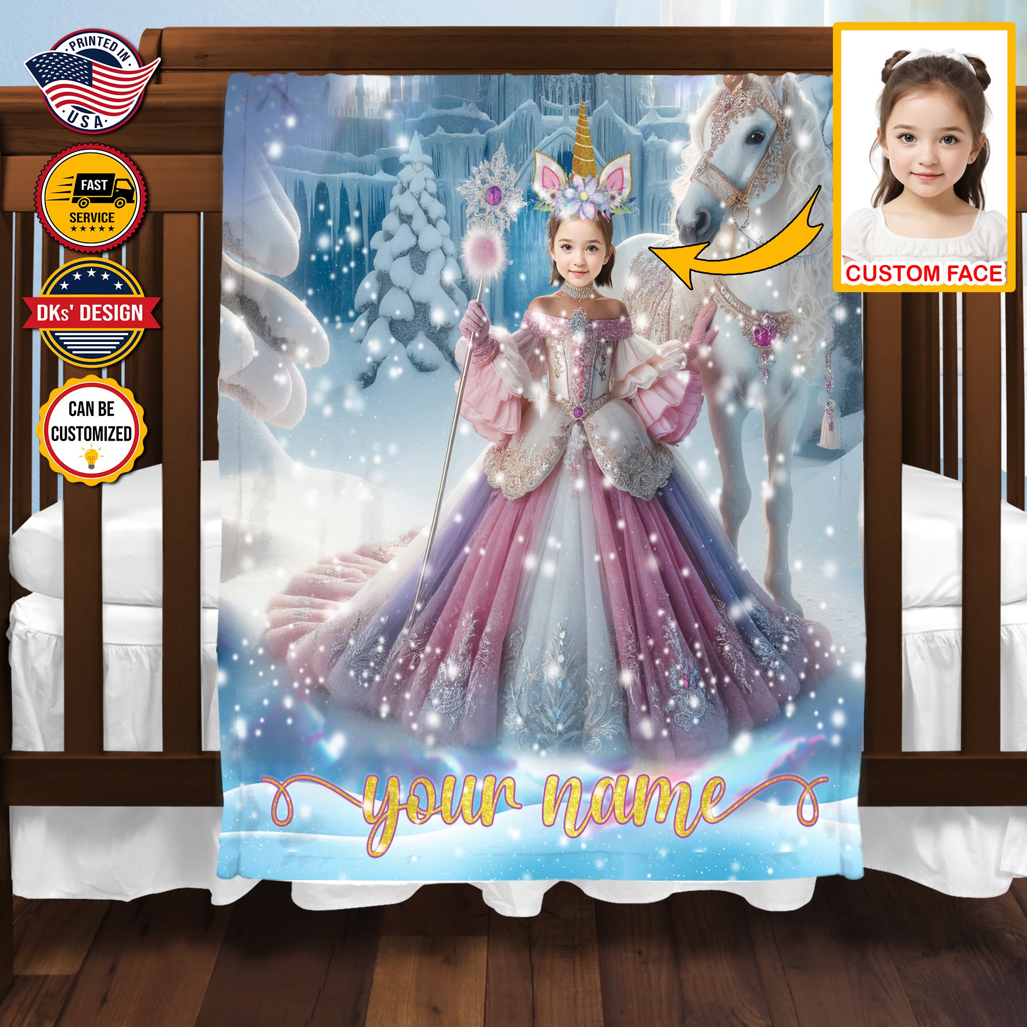 Personalized Princess Christmas Custom Name And Face Blanket, Girl Blanket, Fairy Tale Blanket for Girl, Birthday Blanket, Christmas Gift