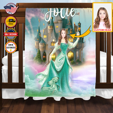 Image of Personalized Fairytale Blanket, Green Princess and Castle Custom Face And Name Blanket, Girl Blanket, Princess Blanket for Girl, Gift For Daughter