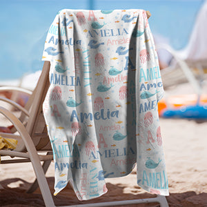 Personalized Name Sea Animals Jellyfish Dolphin Whale Beach Towel