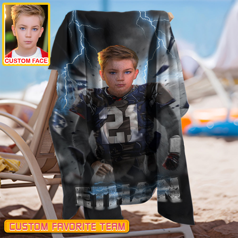 Personalized Name & Photo Break Thunder American Football Beach Towel, Sport Beach Towel, Football Lover Gift
