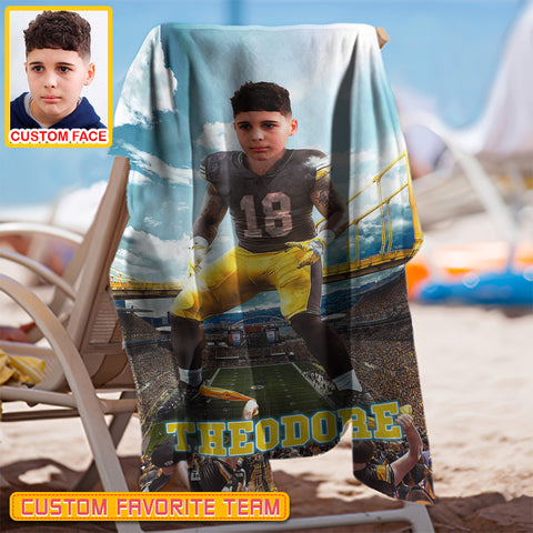 Image of Personalized Name & Photo Big Star American Football Beach Towel, Sport Beach Towel