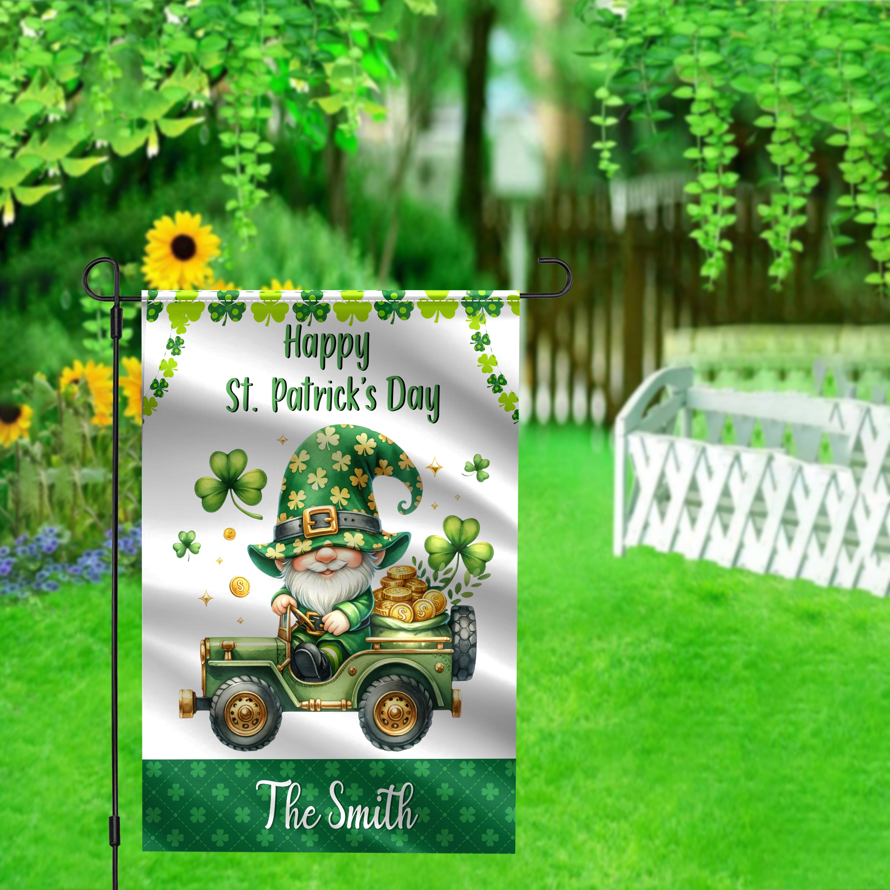 Personalized St. Patrick's Day Flag, Custom Name Flag, Double Side Garden Flag, Clove Gnome Flag,