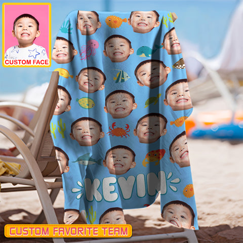 Image of Personalized Name & Photo Boy Custom Face Sea Animals Ocean Animals Beach Towel, Summer Gifts