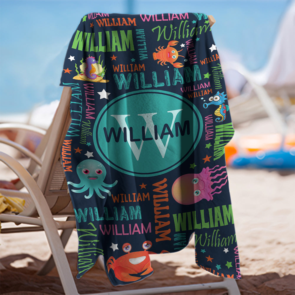 Personalized Name Colorful Lettering Sea Animal Beach Towel