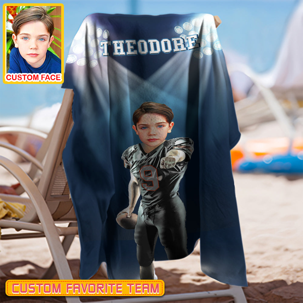 Personalized Name & Photo Under The Spotlight American Football Beach Towel, Sport Beach Towel, Football Lover Gift