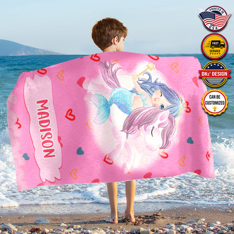 Personalized Name Little Mermaid Pink Love Beach Towel
