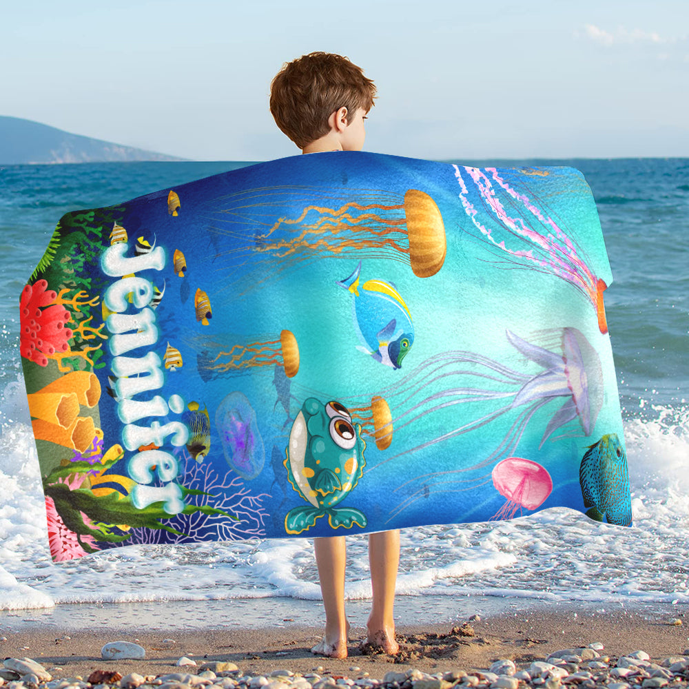 Personalized Name Sea Animals Jellyfish Fish Deep Sea Corals Beach Towel
