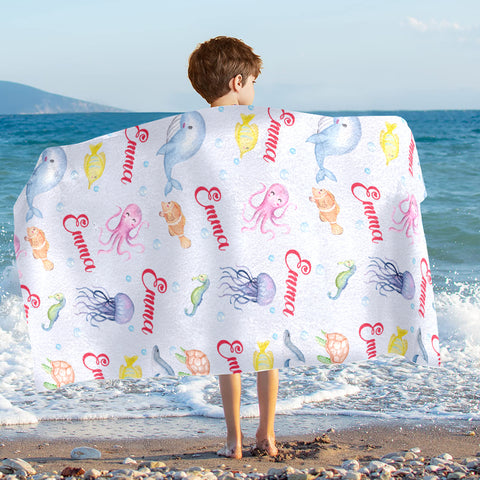 Image of Personalized Name Under The Sea Colorful Ocean Animals Beach Towel