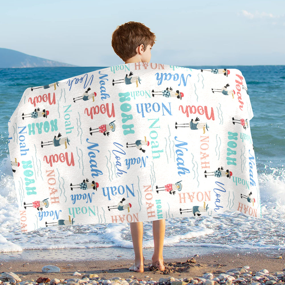 Personalized Name Sea Animals Seagull Custom Name Beach Towel