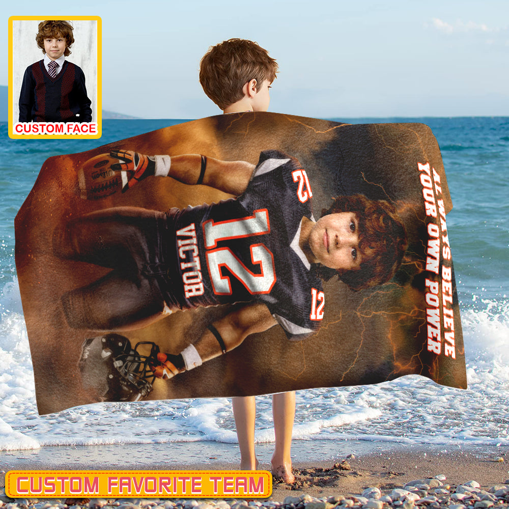 Personalized Name & Photo Always Believe Your Own Power American Football Beach Towel, Sport Beach Towel