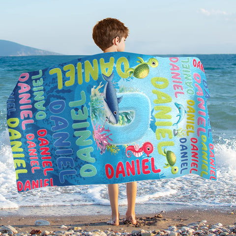 Image of Personalized Name Sea Animals Under The Sea Initial Beach Towel
