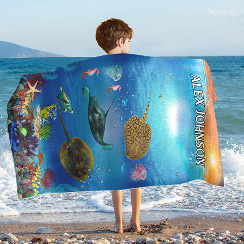 Image of Personalized Name Stingray Whale Under the Sea Creature Beach Towel