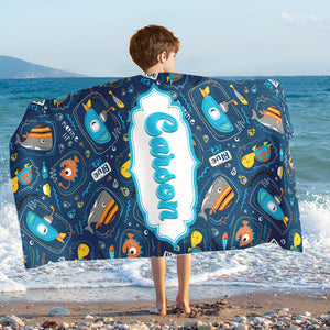 Personalized Name Submarine With Sea Animals Beach Towel