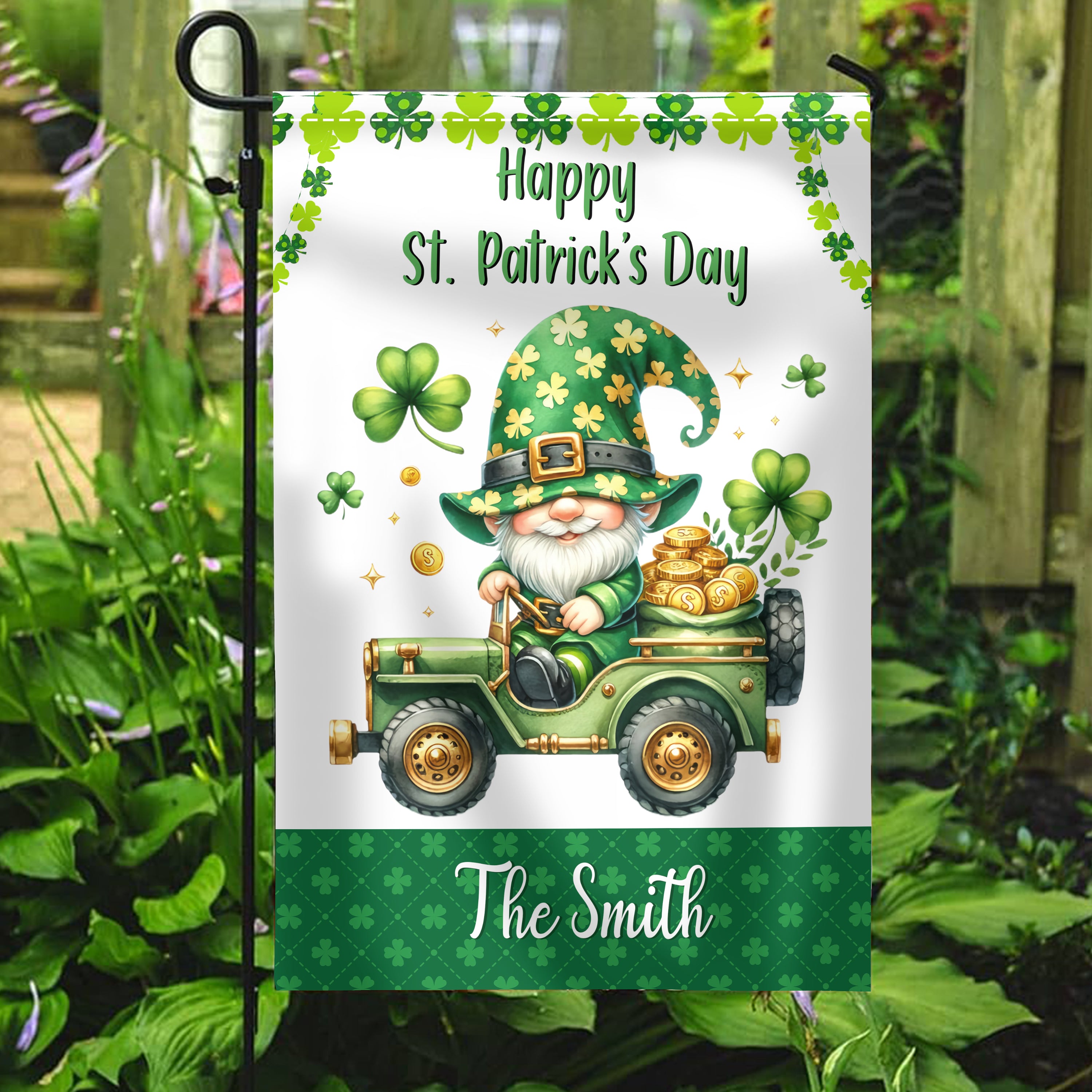 Personalized St. Patrick's Day Flag, Custom Name Flag, Double Side Garden Flag, Clove Gnome Flag,