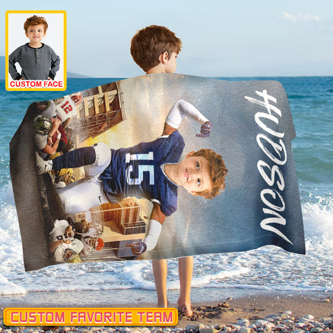 Image of Personalized Name & Photo Winner American Football Beach Towel, Sport Beach Towel