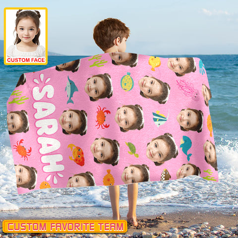 Image of Personalized Name & Photo Girl Custom Face Sea Animals Ocean Animals Beach Towel, Summer Gifts